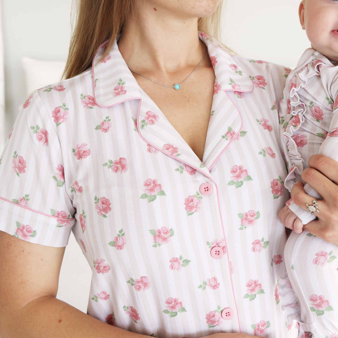 stripe and rose collared button up flare set for women 