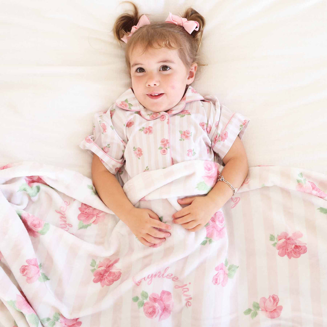 girls personalized blanket with roses and blush pink stripes