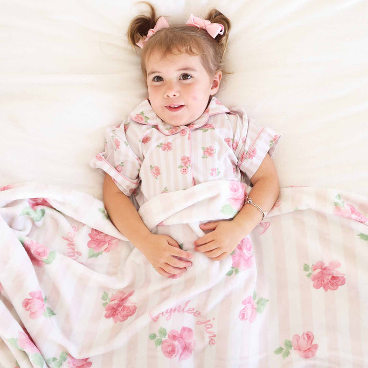 girls personalized blanket with roses and blush pink stripes