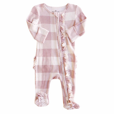 pink checkered print footie for babies bamboo waffle