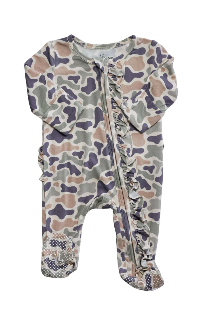 Ruffle Zipper Footie | Camo Cutie