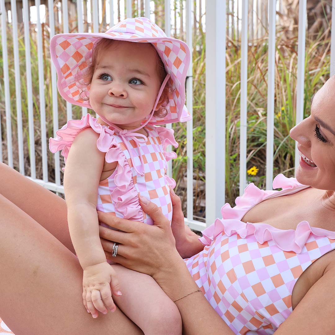 double ruffle one piece orange and pink checkered