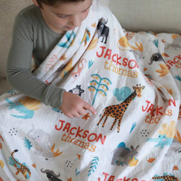 safari animal kids blanket personalized with name 