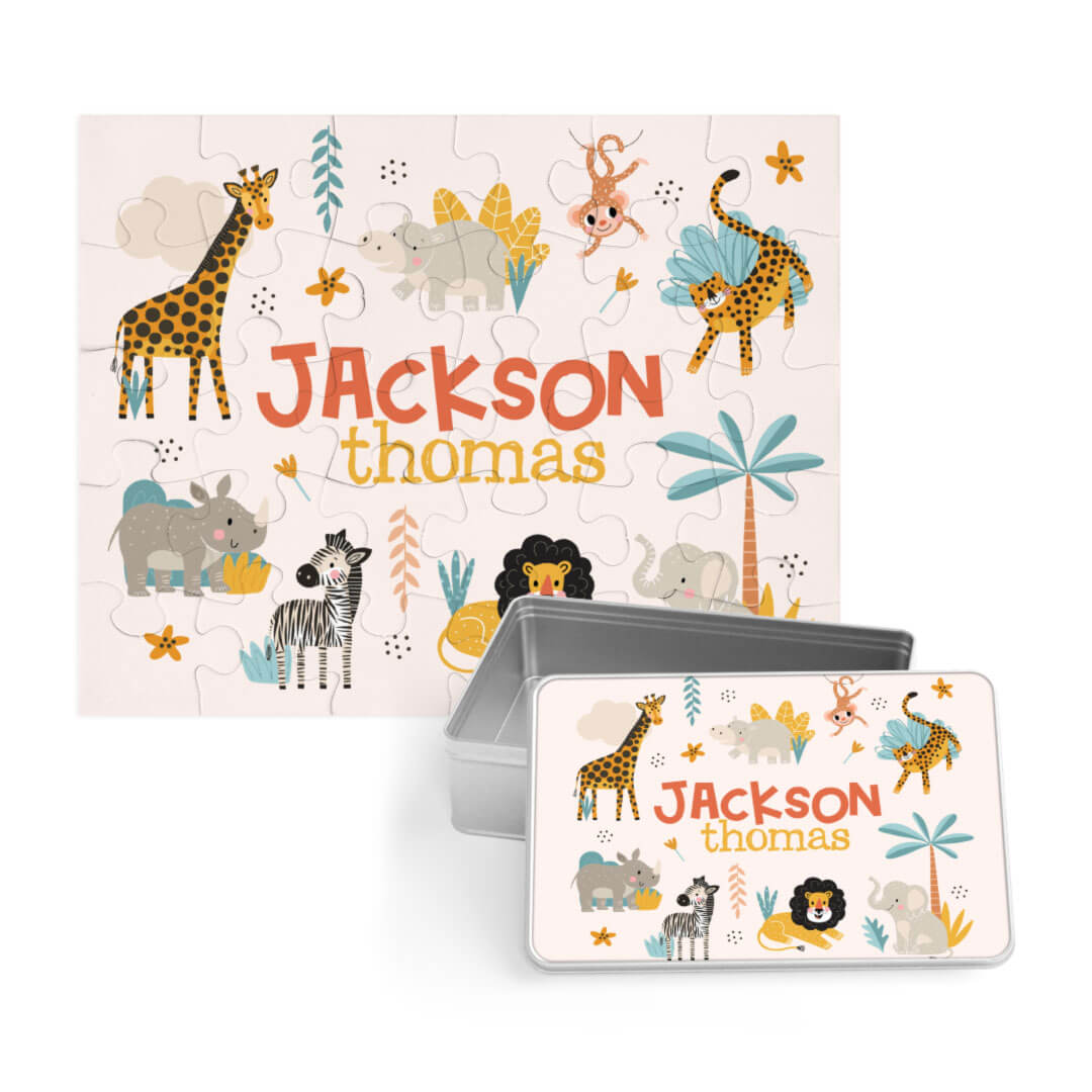 safari animal personalized puzzle for kids with matching tin 