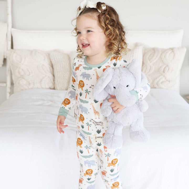 gender neutral safari themed two piece pajama set for kids 