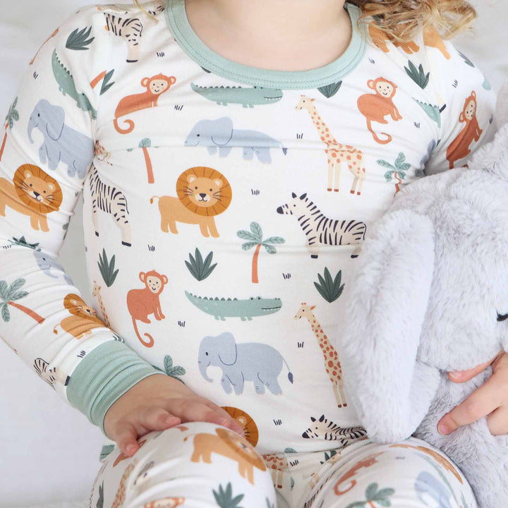 lion, elephant, giraffe, crocodile and monkey bamboo viscose two piece pajama set for kids 