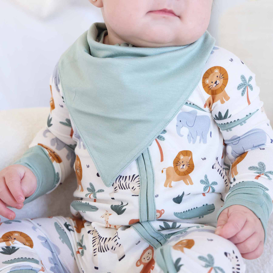moss green bandana bib for babies with matching zip romper pajama 