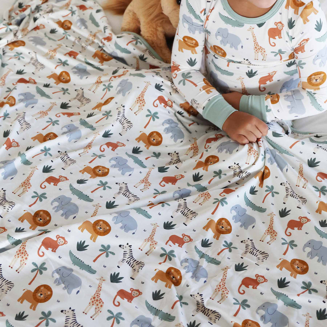 safari animal and palm tree gender neutral double sided bamboo blanket for kids