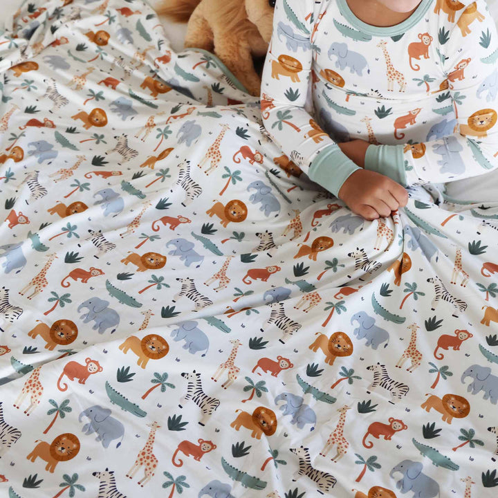 safari animal and palm tree gender neutral double sided bamboo blanket for kids