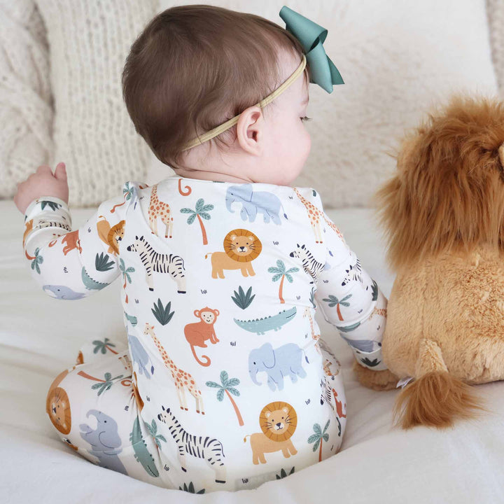 bamboo viscose gender neutral safari animal baby footie with matching lion stuffed animal
