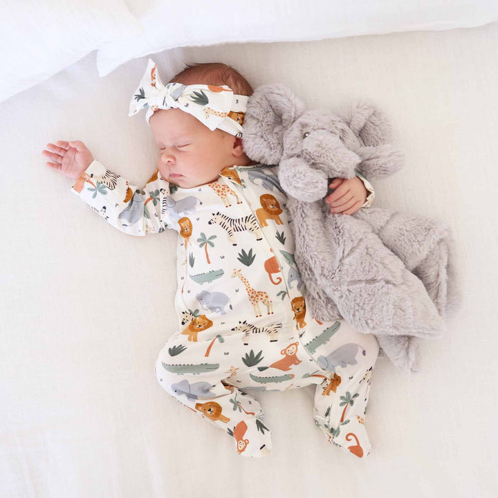 safari snuggles baby zipper footie with matching elephant lovey 