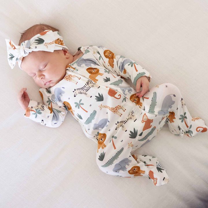 gender neutral safari themed zipper footie for babies