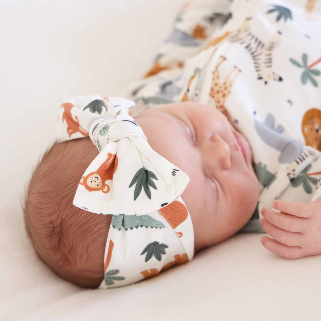 white, green and orange safari animal bamboo bow headwrap for babies 