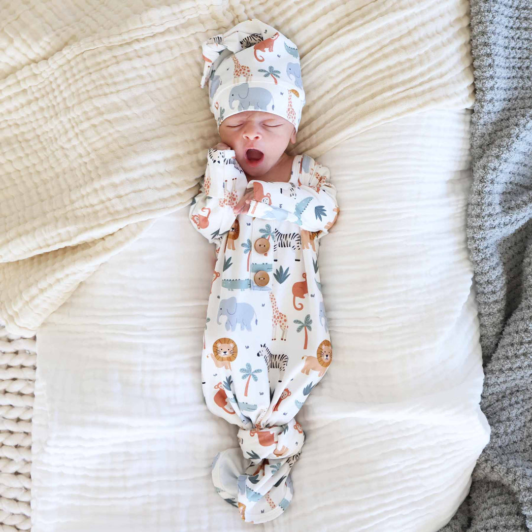 safari themed knot gown and hat set for newborns 