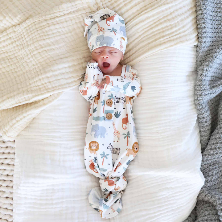 safari themed knot gown and hat set for newborns 