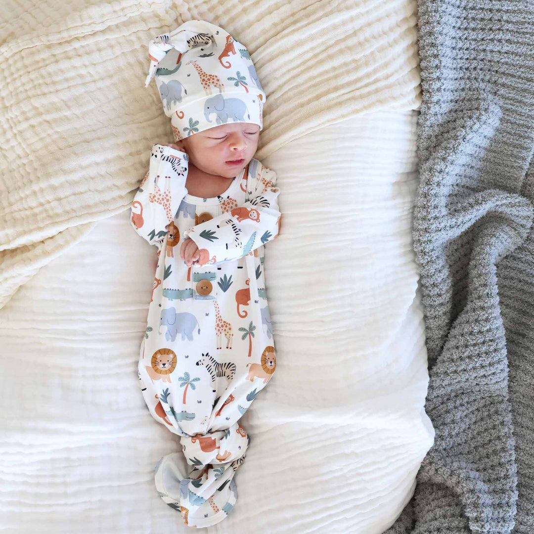 safari themed newborn baby knot gown and hat set 
