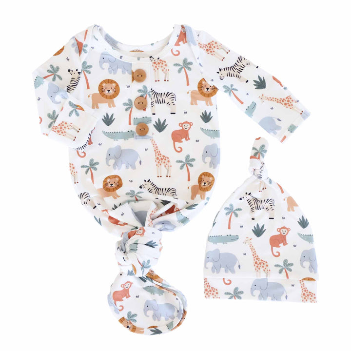 lion, elephant, zebra, crocodile and monkey gender neutral newborn baby knot gown and hat set 