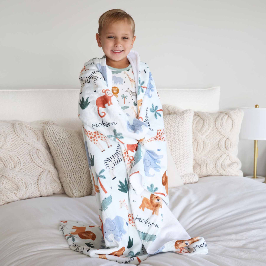safari themed personalized gender neutral animal blanket