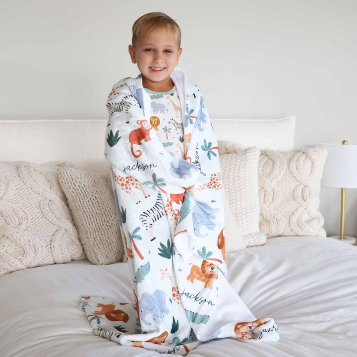 safari themed personalized gender neutral animal blanket