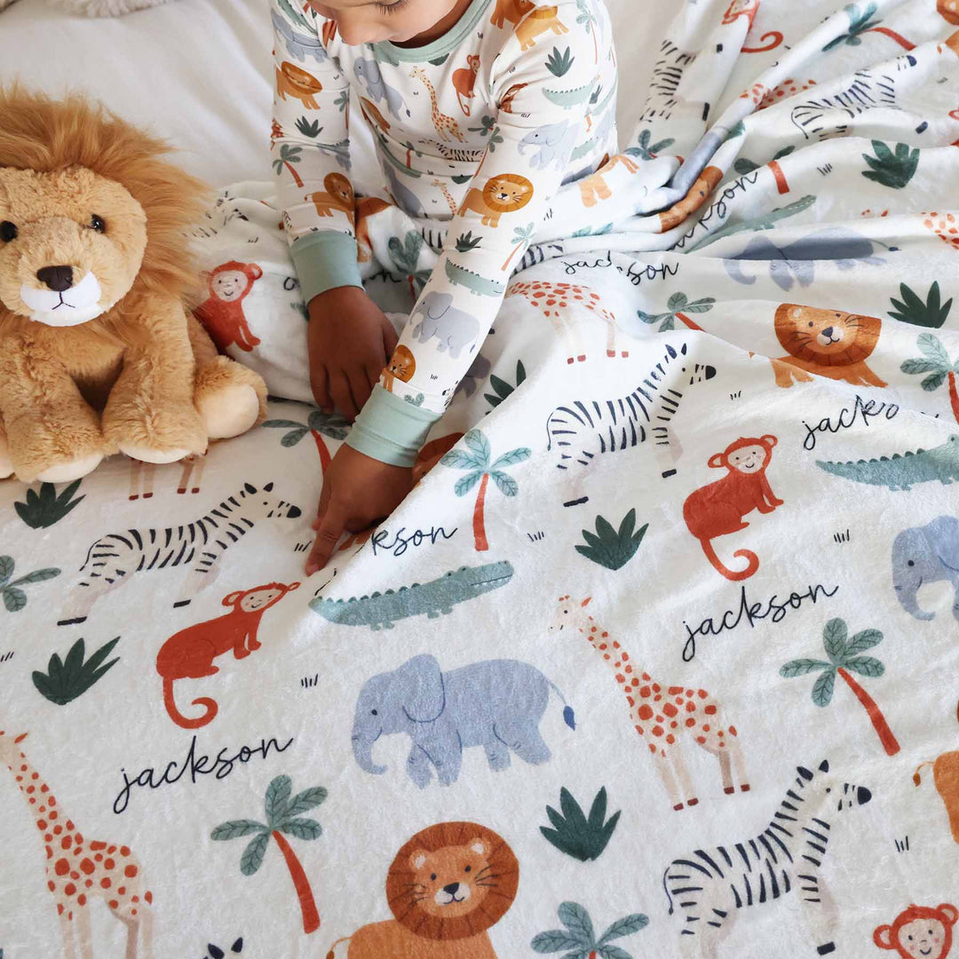 zebra, lion, elephant and monkey personalized gender neutral blanket for kids 