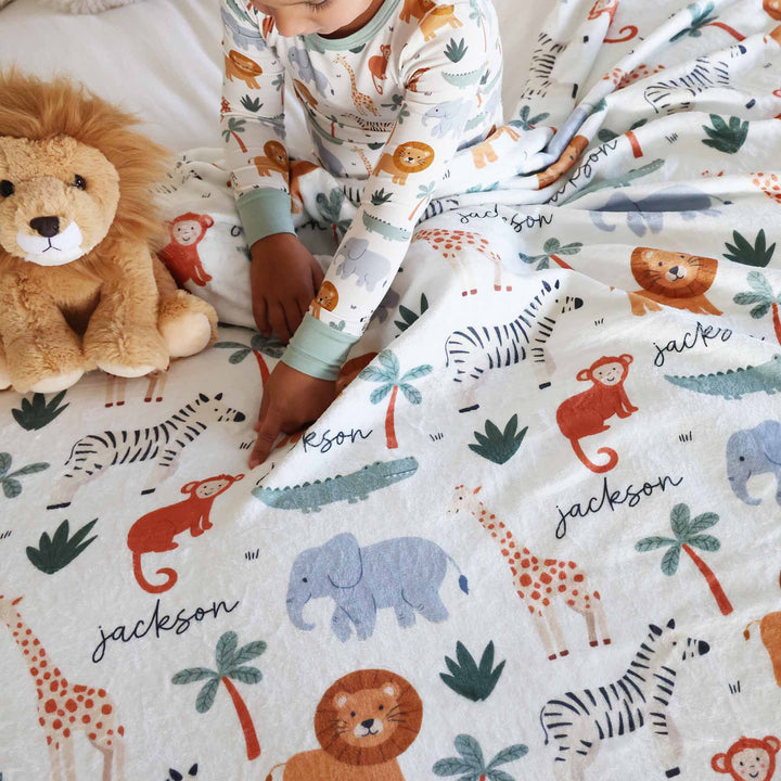 zebra, lion, elephant and monkey personalized gender neutral blanket for kids 