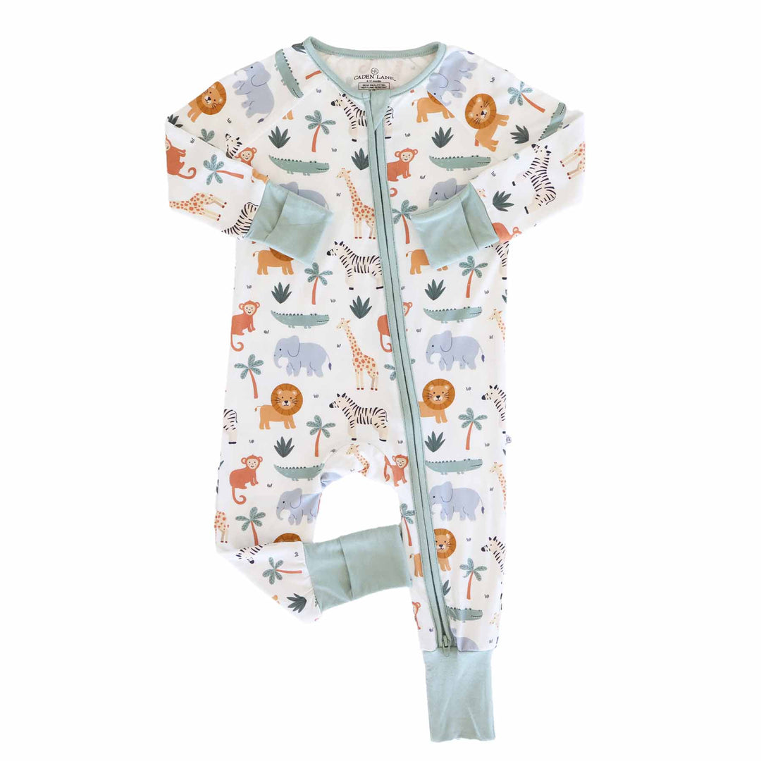 safari animal themed baby pajama romper with moss green trim 