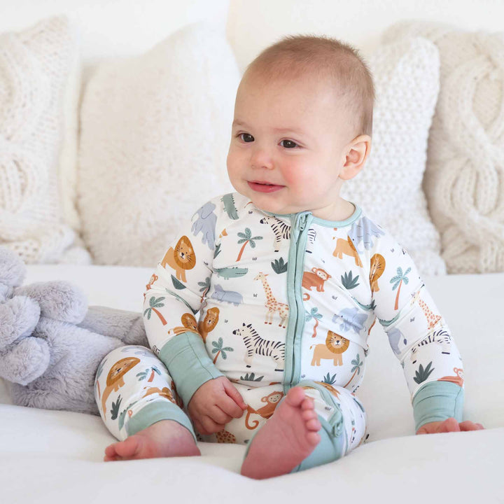 safari snuggles convertible zip romper white, green and orange 