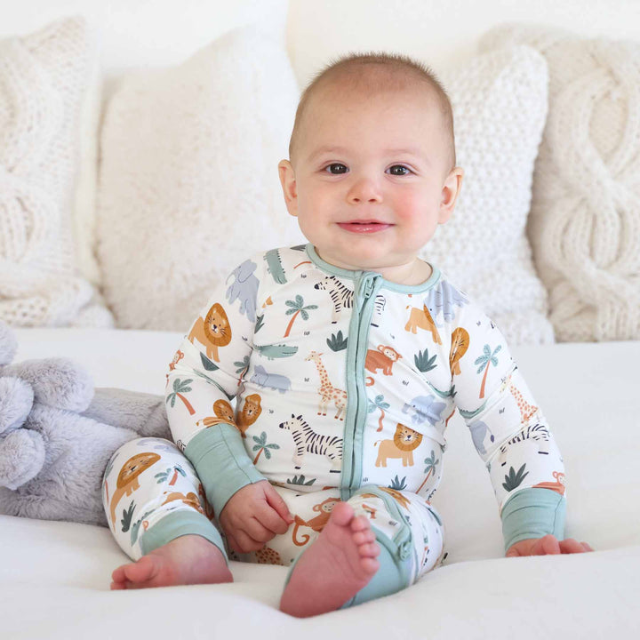 lion, giraffe, zebra, crocodile and monkey convertible zip romper 