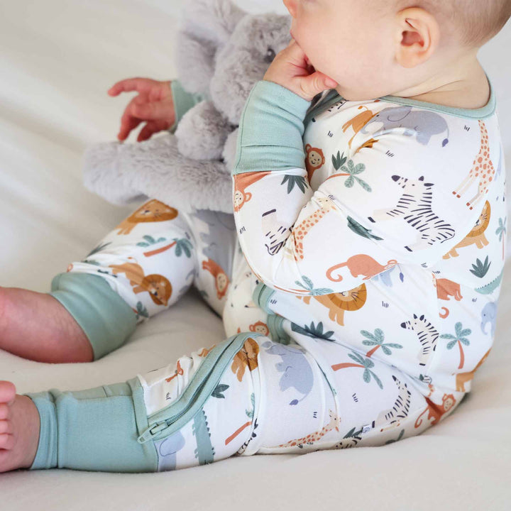 gender neutral safari animal pj romper for babies 