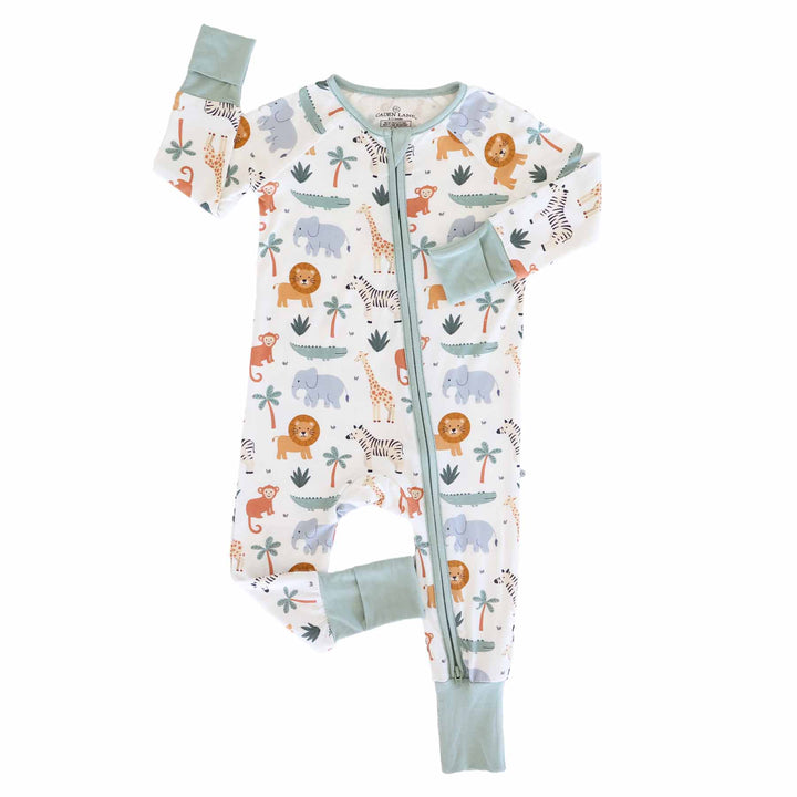 safari animal bamboo viscose convertible zip romper pajama for babies and toddlers 