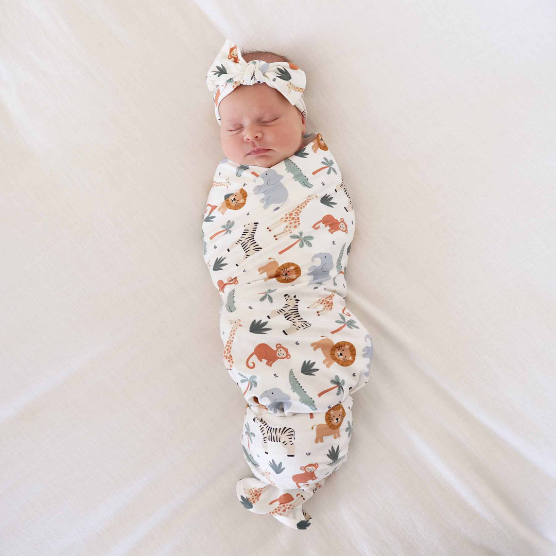 safari snuggles oversized swaddle blanket for newborns with matching headwrap