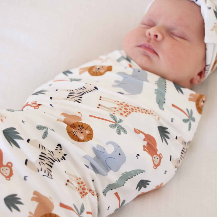 lion, elephant, zebra, crocodile, monkey and palm tree oversized swaddle blanket for babies 
