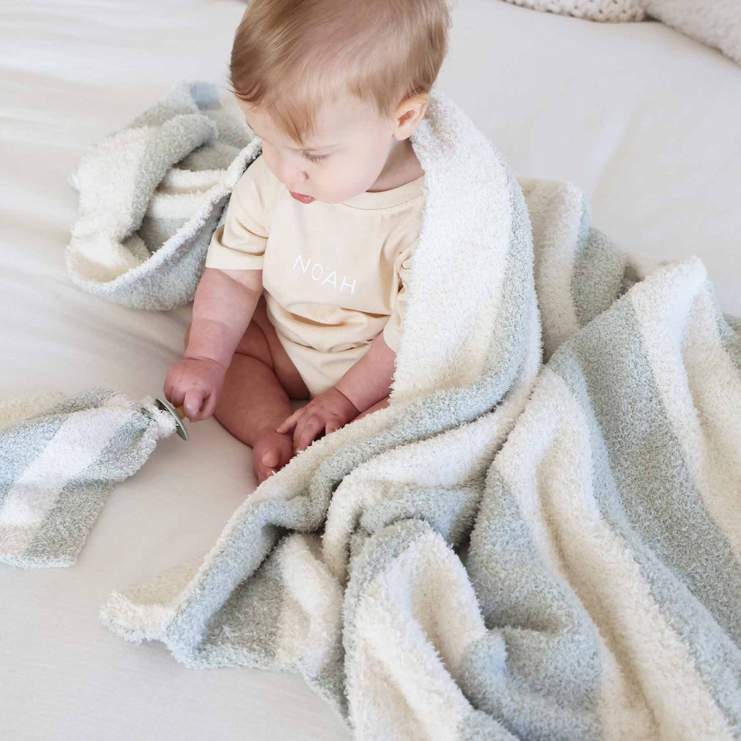 sage and white stripe cuddlelane luxe plush blanket for babies, toddlers and kids 