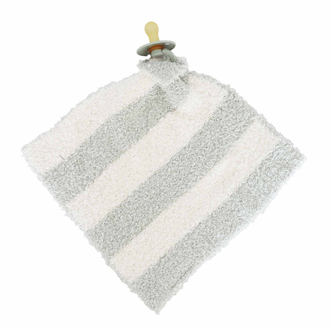 sage and white stripe plush lovey for babies attached to a green pacifier 