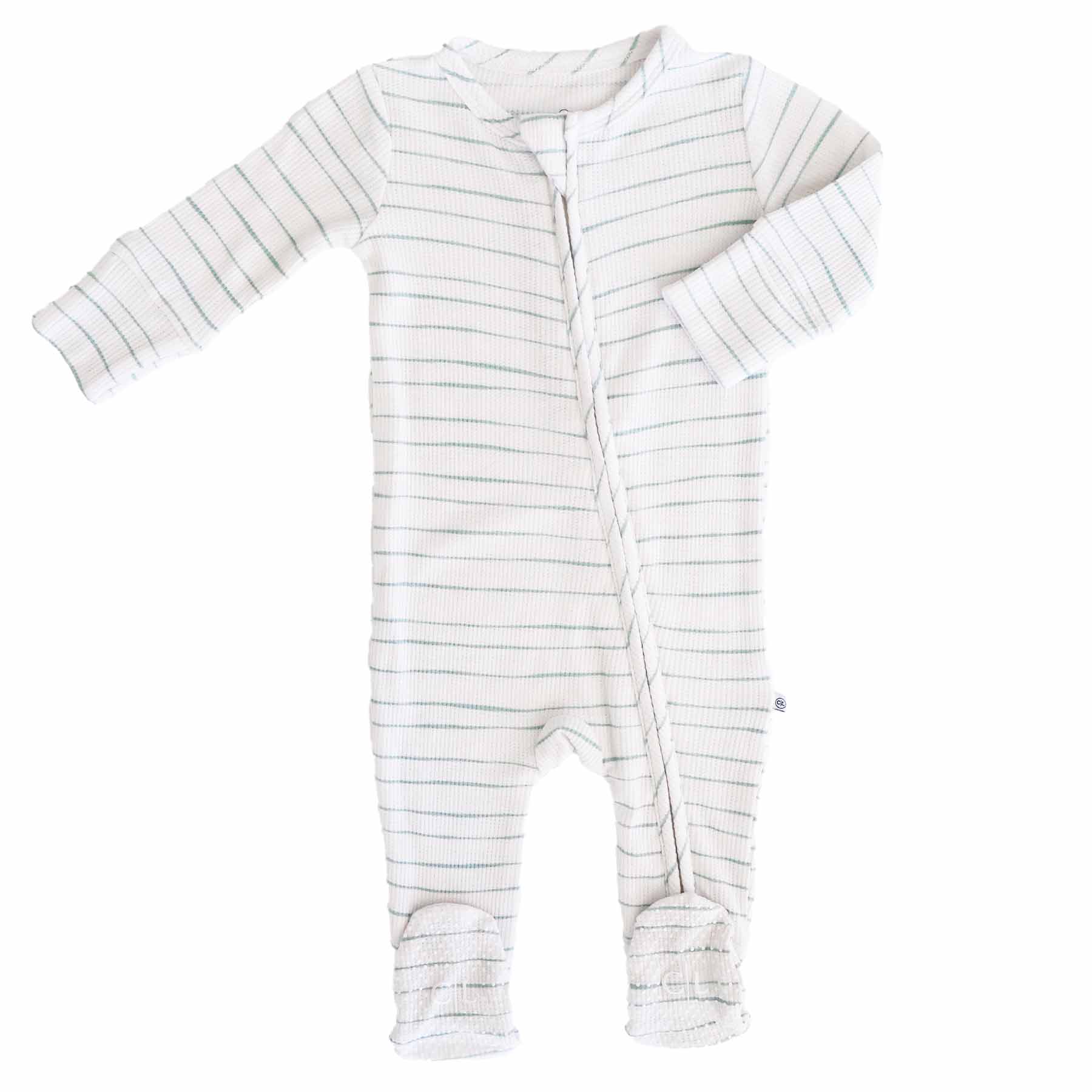 white with green stripes baby zipper footie 