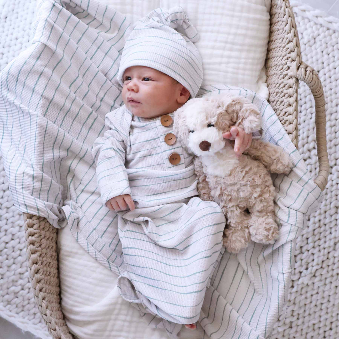 Sage's Stripes Bamboo Waffle Newborn Baby Knot Gown & Hat Set