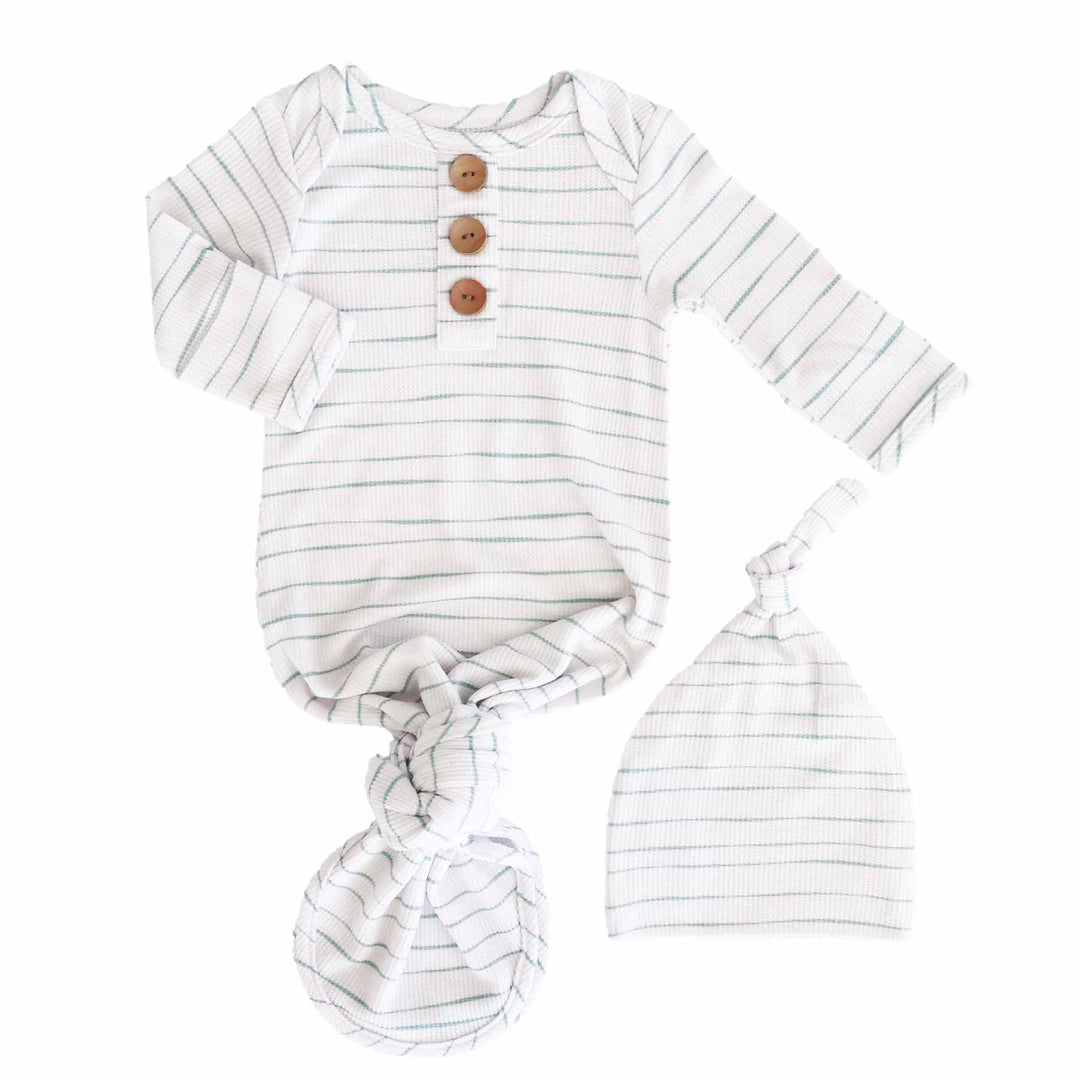 Sage's Stripes Bamboo Waffle Newborn Baby Knot Gown & Hat Set