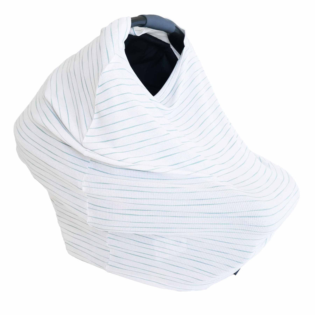 white with green stripes baby car seat and nursing cover