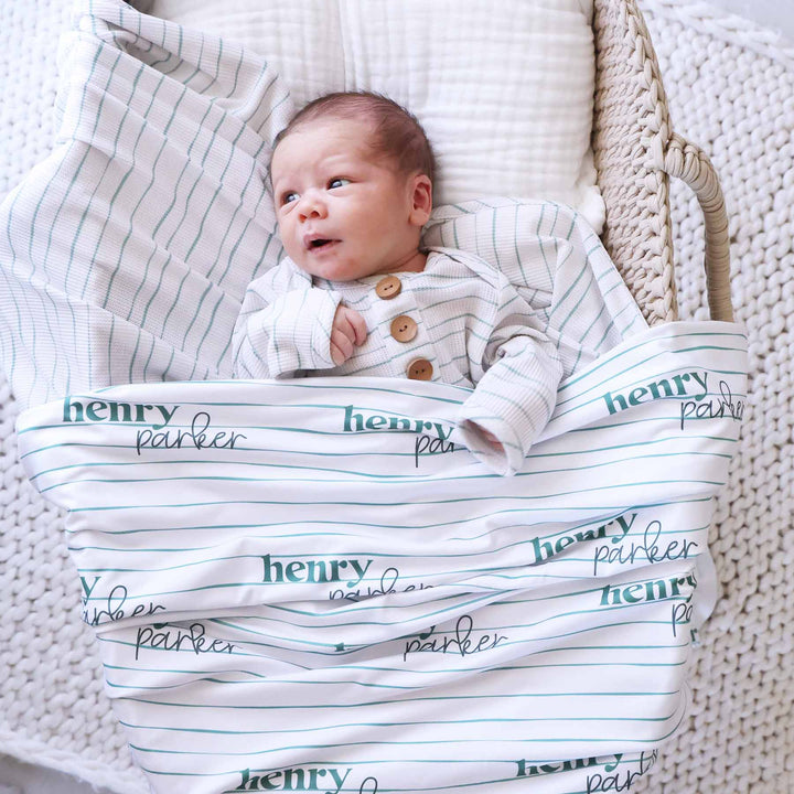 sage stripes personalized swaddle blanket for babies