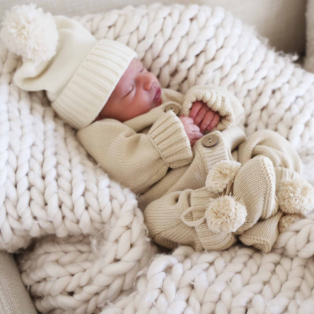 neutral baby beanies pom pom