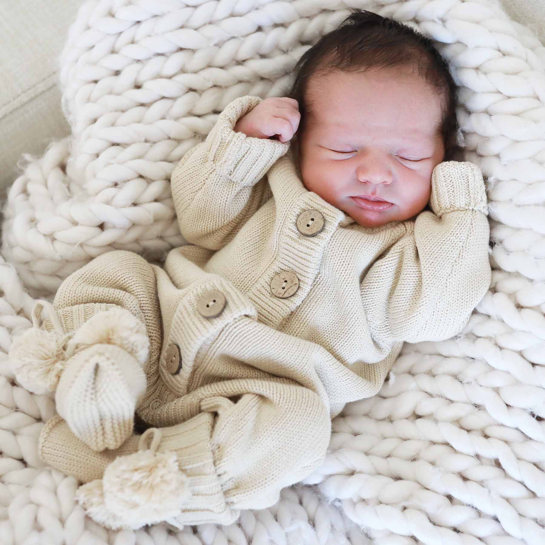 Knit Sweater Button Romper in Sand | Caden Lane