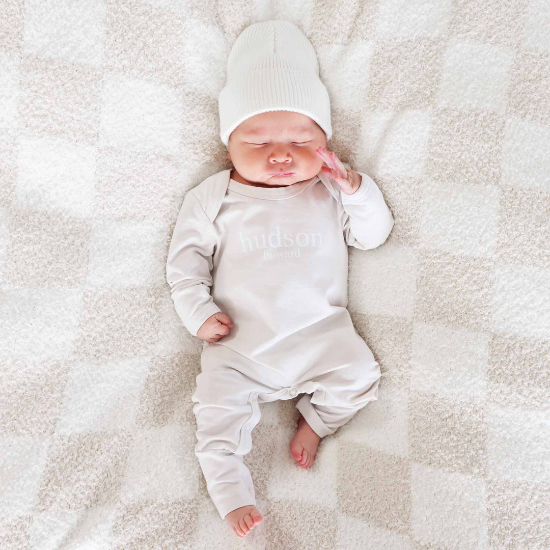 long sleeve full length snap romper personalized newborn outfit neutral