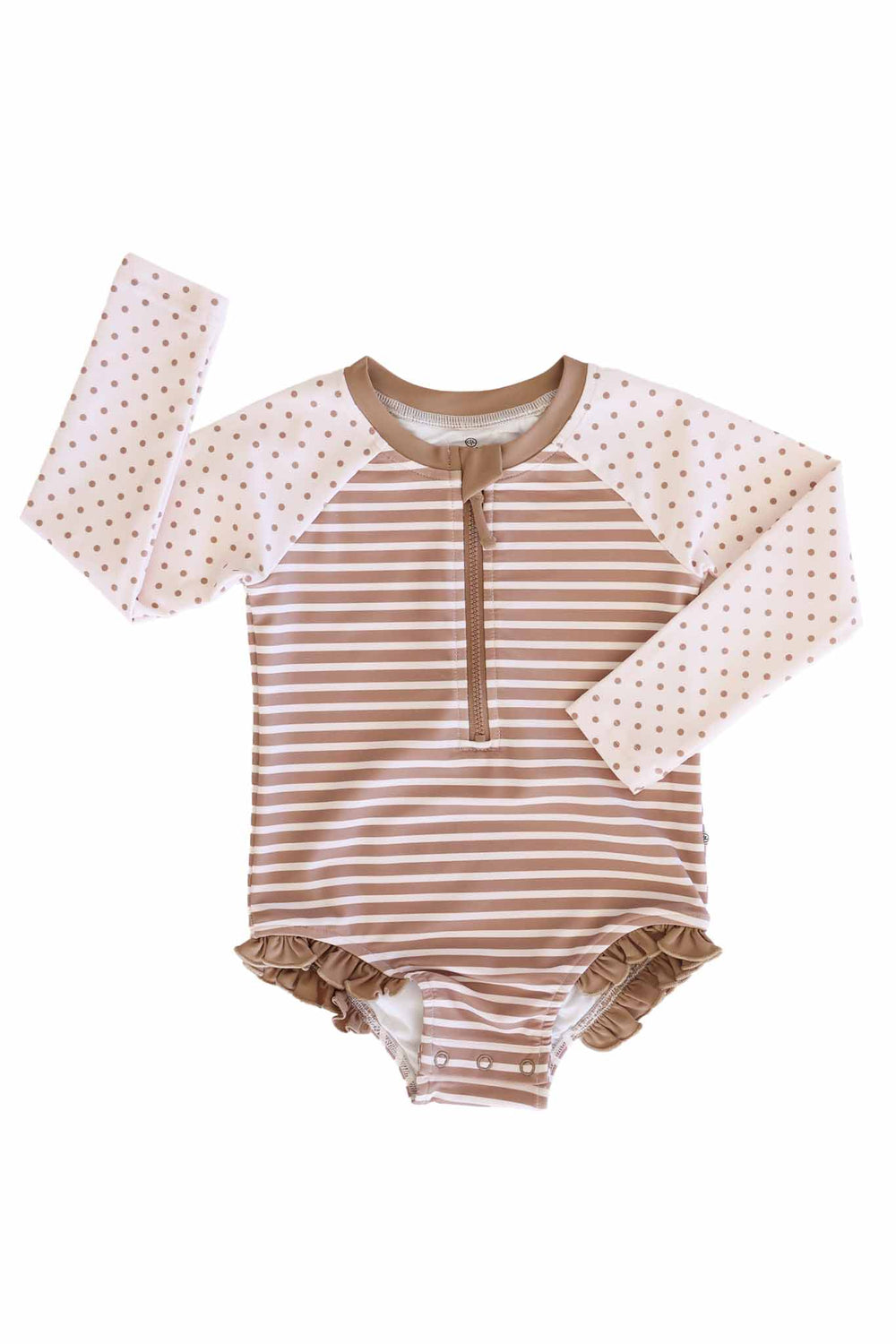 long sleeve neutral stripe front zip rash guard romper with polka dot sleeves 