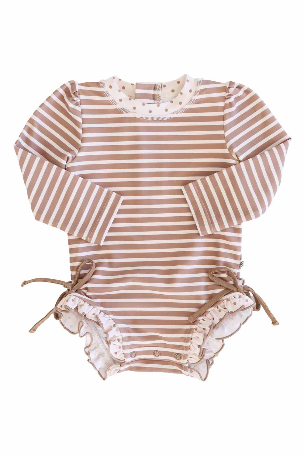 long sleeve brown and white stripe ruffle bottom rash guard romper for baby and toddler girls