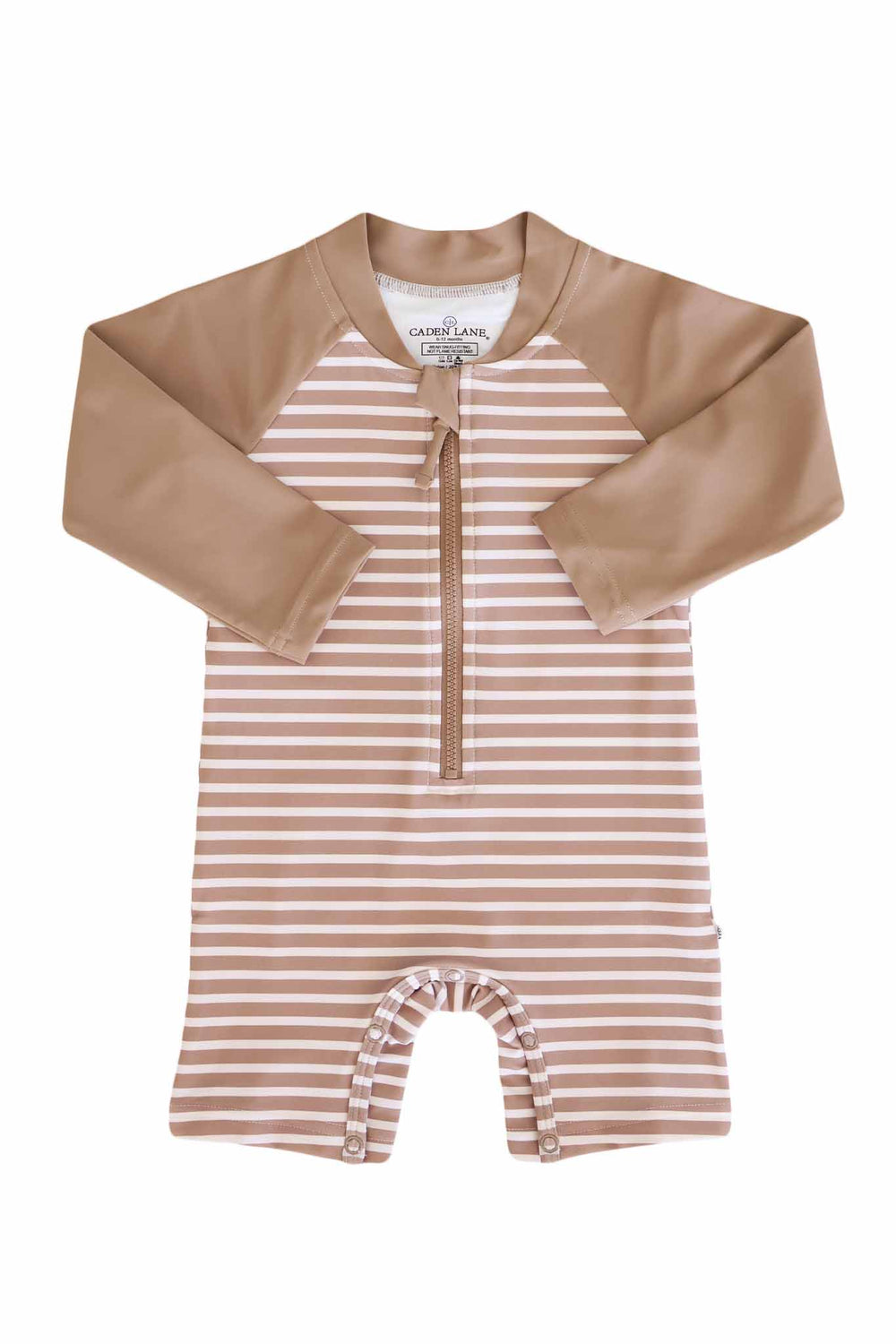 brown and white stripe long sleeve swim romper rash guard shortie with bottom snaps 