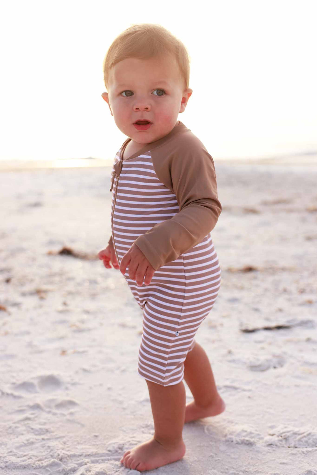 sandy stripes long sleeve swim romper shortie for baby boys 