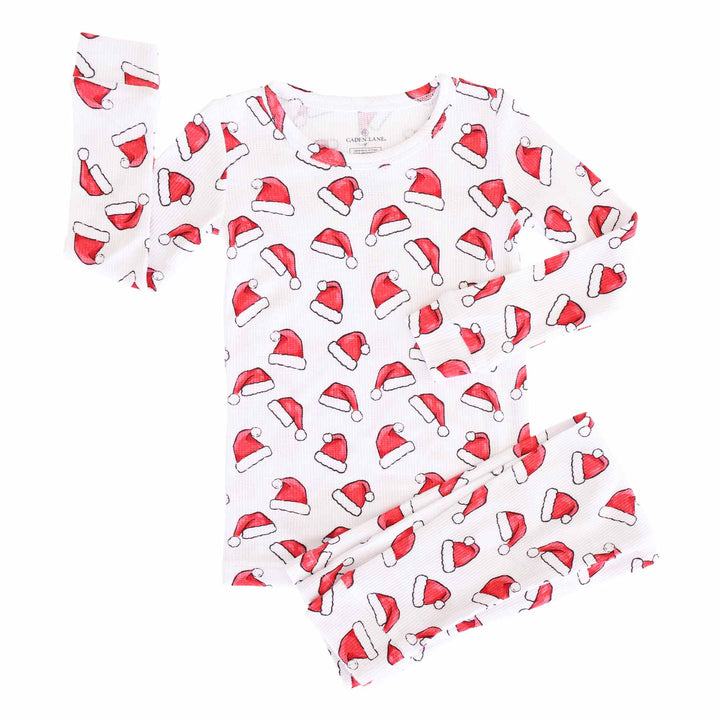 kids bamboo waffle two piece pajama set with santa hats 