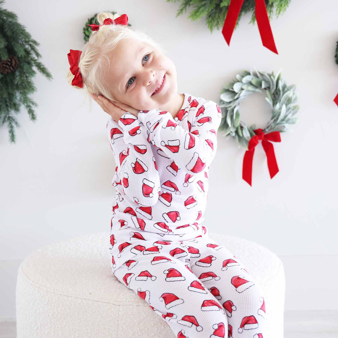 christmas two piece pajama set for kids with santa hats bamboo waffle 