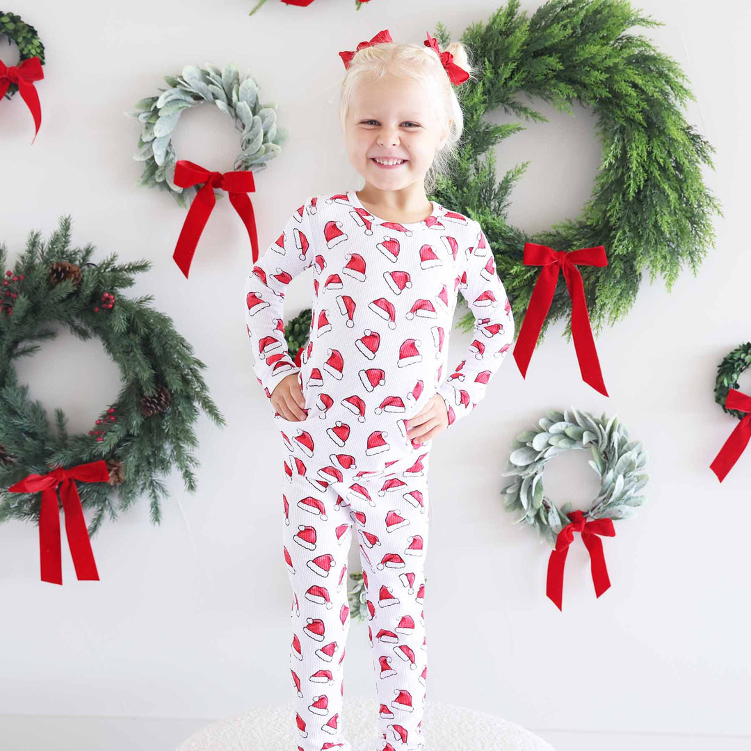 caden lane bamboo waffle two piece pajama set with santa hats 
