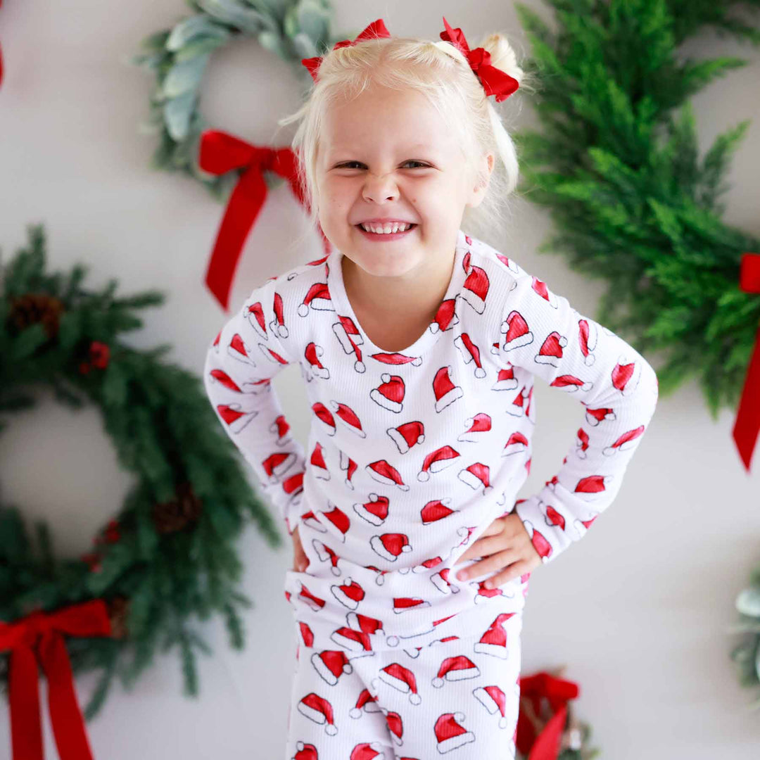 bamboo waffle christmas pajamas for kids with red santa hats